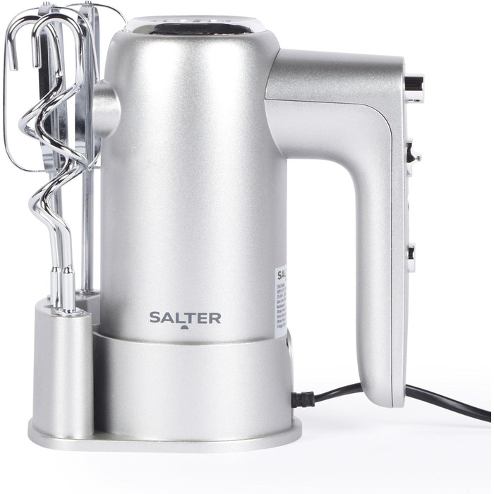 Електричний ручний міксер Salter Aspen EK5613BMMSVDE, 300 Вт, 5 швидкостей, турборежим, насадки для тіста і крему, підставка для зберігання, сріблястий