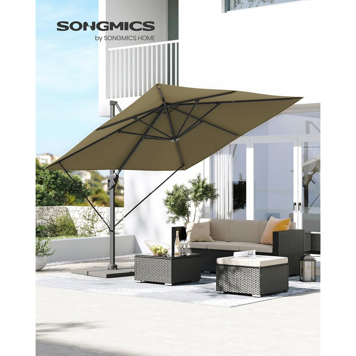 Парасоля для саду SONGMICS 290x290 см, ампельна, захист від UV UPF 50+, обертається на 360°, регулювання нахилу, зі стійкою, ременями та чохлом, колір лаврово-зелений