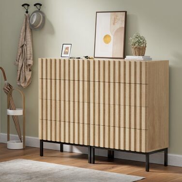 Комод UEV з 4 висувними ящиками, комплект 2 шт, 120x34,5x92 см, вузький дерев'яний комод для зберігання вітальня, спальня, передпокій (натуральний)
