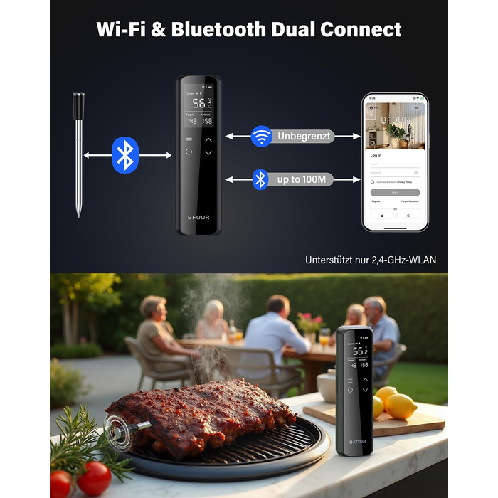 Термометр для гриля та м'яса з Wi-Fi та Bluetooth BFOUR: 6 датчиків, IP67, 2600mAh, керування через додаток