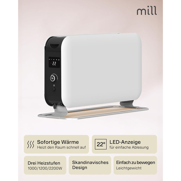 Електричний конвекторний обігрівач Mill 2200W для приміщень 26-30 м² з таймером, білий