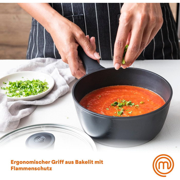 Каструля MasterChef з антипригарним покриттям, скляна кришка, ергономічні ручки, для всіх типів плит, індукція, 18 см, Essentials