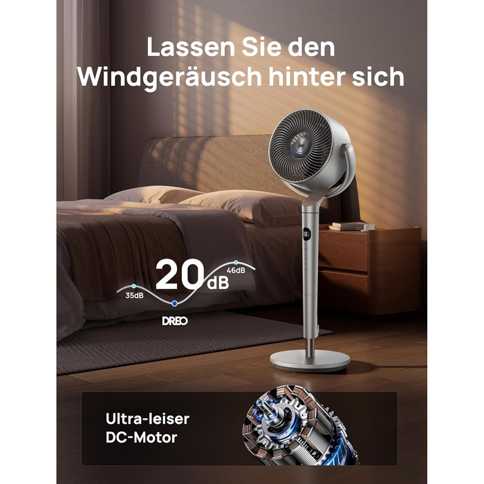 Вентилятор підлоговий Dreo з Wi-Fi та LED, 102 см, 8 швидкостей, 3 режими, тихий 20dB, велика потужність, срібний