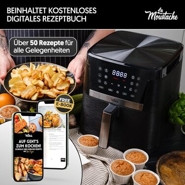 La Moustache Pro Smart Фритюрниця без олії 7 л, 1800 Вт, 12 програм, цифрове управління, антипригарна, з таймером, чорна, з електронною книгою рецептів