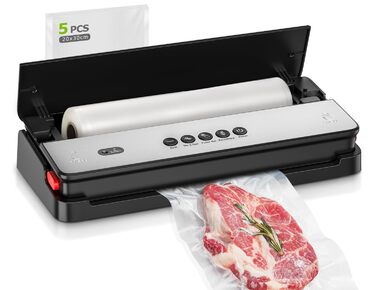 Вакууматор Bonsenkitchen для сухих та вологих продуктів з вбудованим різаком, чорний (в комплекті рулон та 5 пакетів)
