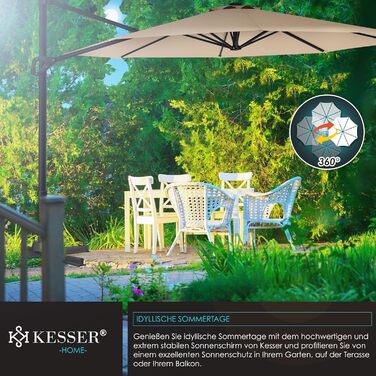 Парасолька для саду KESSER SUN XL 330 см, кругла, беж, з чохлом, 7-позиційна, нахил, 360° обертання, з вітрозахистом, ручка, UV50+