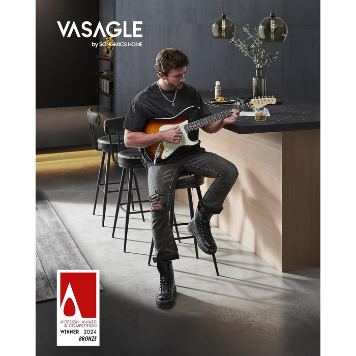Барний стілець VASAGLE EKHO, 2 шт, 360° обертання, з спинкою, штучна шкіра, середина століття, 76 см, чорний, для кухні та бару