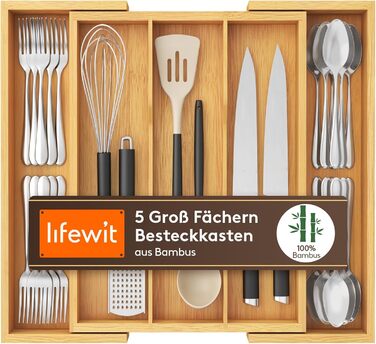 Органайзер для столових приборів Lifewit з бамбука, розсувний великий лоток для кухонної шухляди, регульований, натуральний колір