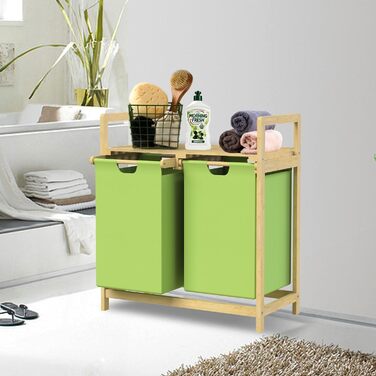 Бамбуковий кошик для білизни ML-Design, зелений, з 2 відділеннями, 60 л, з висувними мішками, сортувальник білизни для ванної кімнати, з полицею