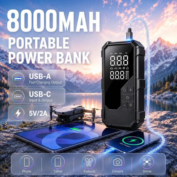 Пусковий пристрій (бустер) 8000A з компресором 150 PSI та Powerbank для бензинових та дизельних двигунів