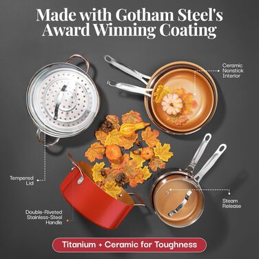 Набір посуду Gotham Steel з антипригарним покриттям (кераміка-мідь) – сковороди, каструлі, форма для смаження, червоний колір