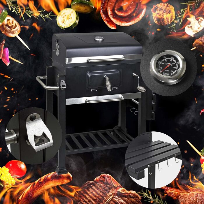 Гриль-возок на дровах BBQ з кришкою, полицею та регульованою дверцею для вугілля, термометром та регулюванням висоти