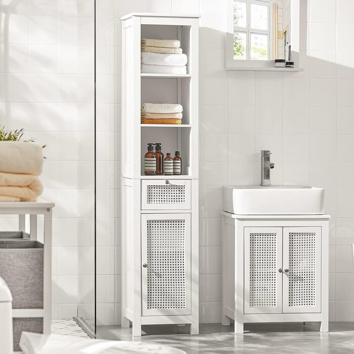 SoBuy BZR36-W Високий шафа для ванної з ґратчастим фасадом, білий, з 3 відкритими полицями, 1 шухлядою та 1 дверцятами, 35x161x32 см