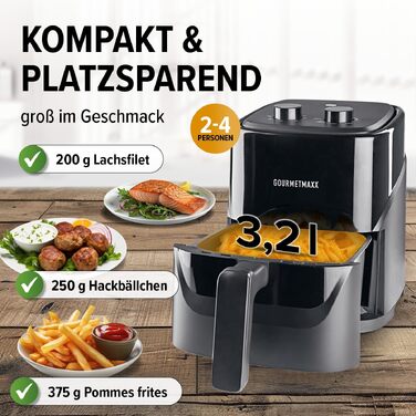 Аерофритюрниця GOURMETmaxx 3.1Л, 1350 Вт: мультифункціональна фритюрниця без олії з 6 програмами, таймером на 60 хв та функціями розморожування та підігріву