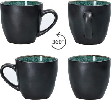 MamboCat Кавовий сервіс 18 предметів Green Reactive Glaze для 6 осіб. Керамічний набір ручної роботи з ефектом м'ятиного кольору та мідною окантовкою (6 чашок, 6 тарілок, 6 десертних тарілок).