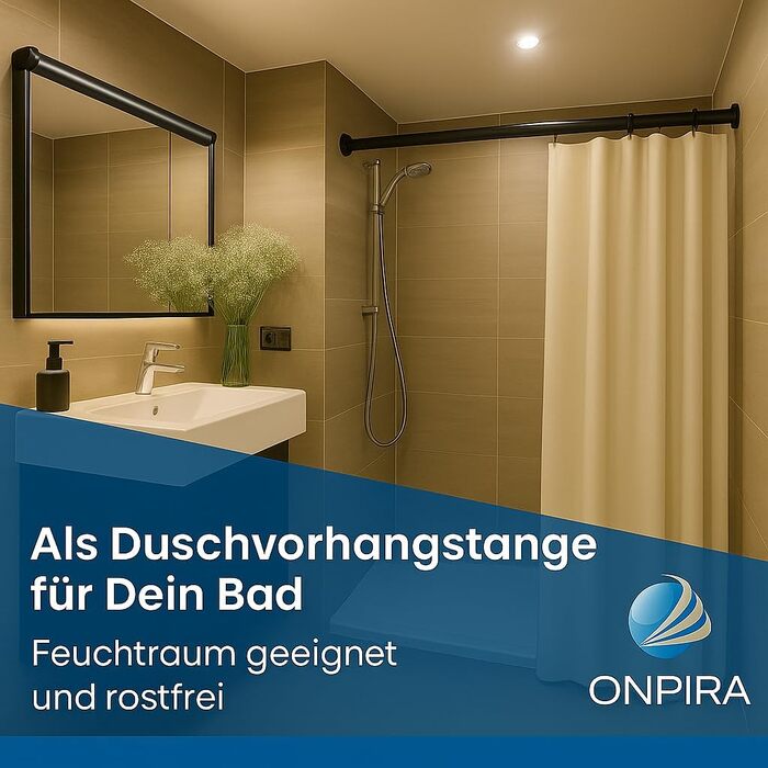 Телескопічна штора для ванної Onpira® — розсувна карнизна штанга без свердління, нержавіюча сталь, 125-230 см, чорна
