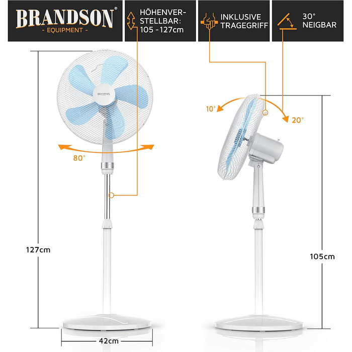 Вентилятор підлоговий Brandson 50 Вт, 40 см, білий: регульована висота, нахил 30°, 3 швидкості, коливання 80°