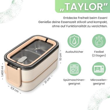 FRADABOX® Ланчбокс Bento 'Taylor', 2-ярусний з відділеннями, преміум нержавіюча сталь, BPA-free, контейнер для їжі з прибором, герметичний, для дорослих, підходить для мікрохвильовки, ідеальний для подорожей та Meal Prep