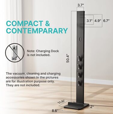 Тримач для пилососа PEGZONE для Dyson (V6, V7, V8, V10, V11, V12, V15, Gen5) — настінний органайзер для насадок з 4 гачками та 4 полицями, чорний