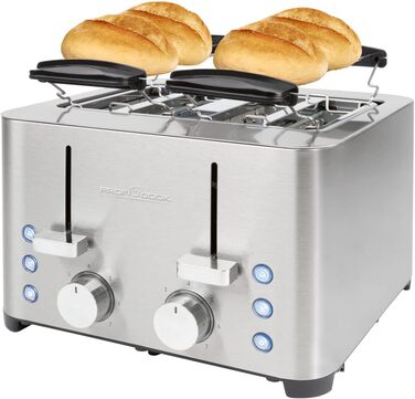 Тостер ProfiCook 4-слотовий, нержавіюча сталь, 1500 Вт, широкий слот, підставка для булочок, 7 режимів підсмажування, зйомна крихтова підставка, PC-TA 1252