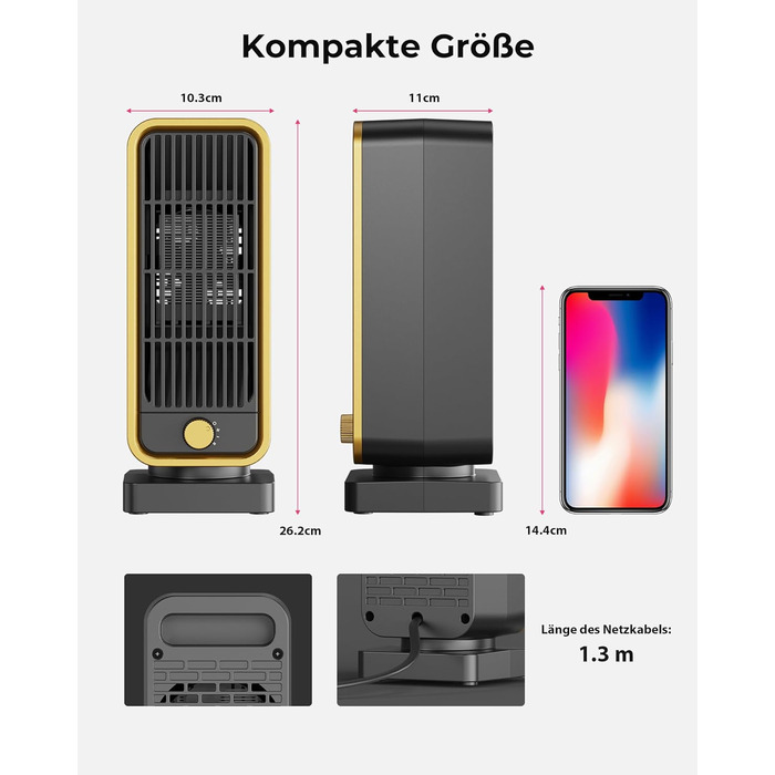 Електричний обігрівач 2000W з терморегулятором, тихий, 3 режими, PTC кераміка, швидкий нагрів, ECO режим, пульт, таймер 12H, поворот 70°, для офісу, спальні, ванної кімнати (чорний)