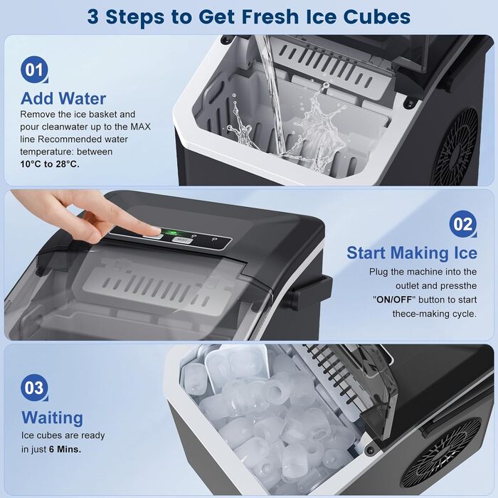 Льодогенератор Ice Cube Maker 12 кг/24 год, швидке виробництво льоду (6-8 хв), 2 розміри кубиків, самоочищення, чорний - для дому, офісу, бару