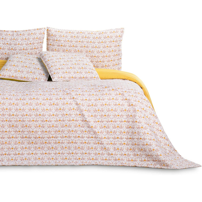 Покривало AmeliaHome Folky 240x260 см, двостороннє, легке у догляді, стьобане, з фольклорним рослинним візерунком, жовто-біло-оранжеве