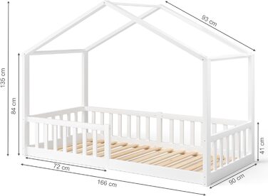 Дитяче ліжко-домік Bellabino Bia 80x160 см, біле, з бортиком і основою, Montessori підлогове ліжко з масиву сосни
