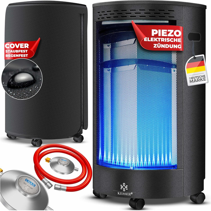 Газовий обігрівач KESSER 4200 Вт, керамічний інфрачервоний, з редуктором і шлангом, для бутану/пропану, з чохлом, чорний(Газовий балон не входить у комплект)