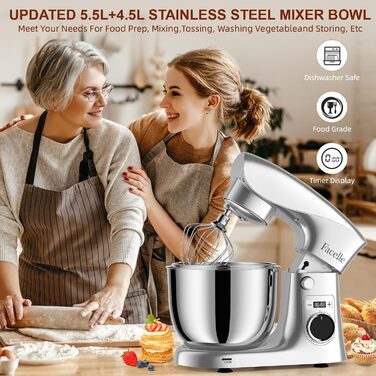 Кухонна машина-міксер Facelle 1500W з 5.5L та 4.5L чашами, 10+ програм, тиха робота, срібна