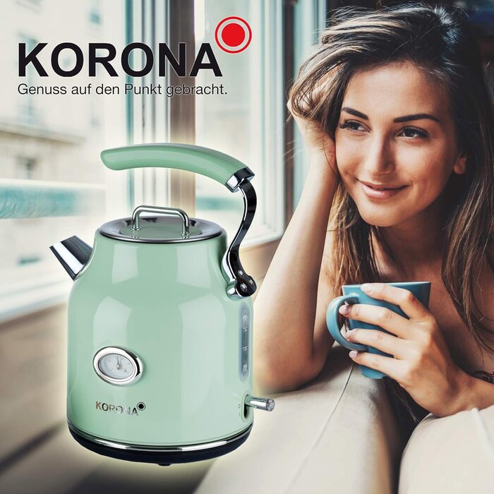 Електрочайник Korona 20665 1,7 л, м'ятний, ретро-дизайн, 2200 Вт, з термометром, фільтром від накипу та захистом від перегріву