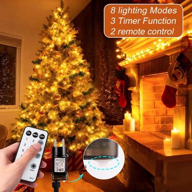 Світлодіодна гірлянда для ялинки та вулиці 50м, 500 LED, теплий білий колір, водонепроникна, з таймером та 8 режимами освітлення, зелений кабель