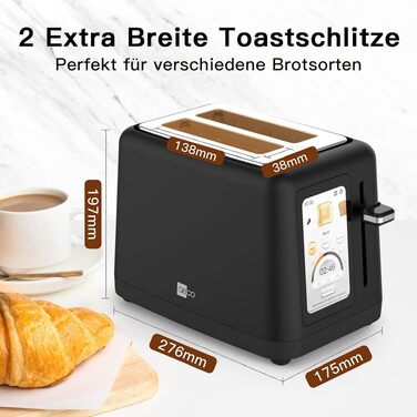 Тостер aeco toastlab Elite 2-слотовий з підставкою для булочок, широкі слоти, 6 рівнів підсмажування, 10 програм, 850W, LCD-дисплей, функція підняття, розморожування, піддон для крихт