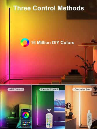 LED торшер DeeprBling для вітальні 165 см, кутова RGB лампа з димуванням, пультом і додатком, 16 млн кольорів, музичний та DIY-режими, таймер, для спальні, ігрової кімнати, офісу, читального залу, трикутна база