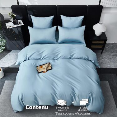 Постільна білизна Deluxe з бавовняного сатину, комплект для двоспального ліжка (220x240 см + 2 подушки 65x65 см), світло-блакитний, дихаюча тканина
