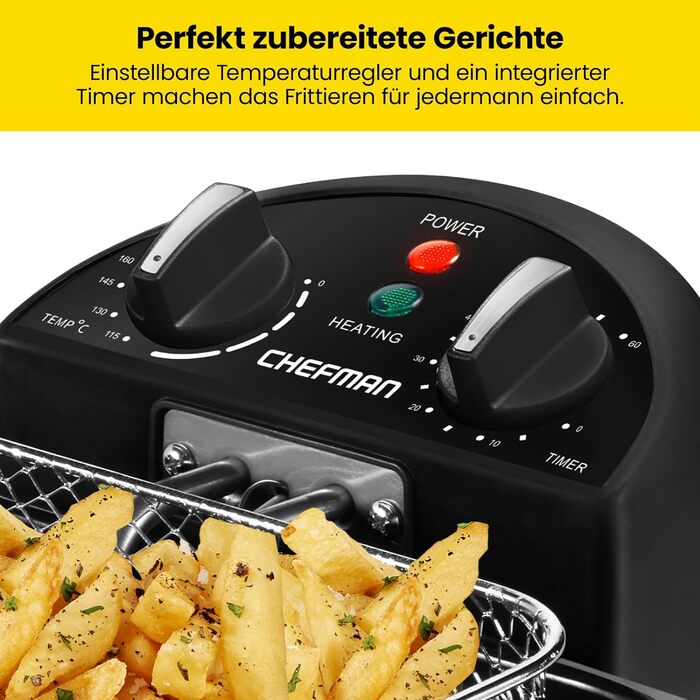 Фритюрниця Chefman 4,3 л з кошиком, XL, регульована температура, таймер, знімний масляний контейнер, нержавіюча сталь, для курки, картоплі фрі, морепродуктів