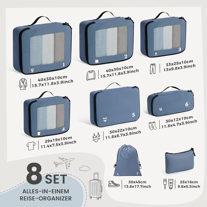 Набір органайзерів для валізи та рюкзака Packing Cubes, 8 предметів, синій — дорожній набір для пакування речей
