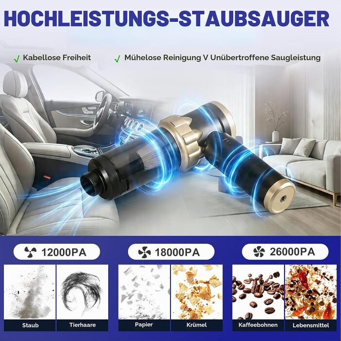 Ручний акумуляторний пилосос для авто та дому 4-в-1, потужність 26000Па, бездротовий міні-пилосос та обдуватель для комп'ютера, портативний, чорний з золотом