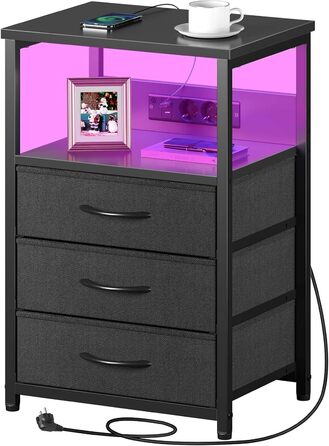 Тумба Rolanstar з LED підсвіткою, USB, розетками та 3 текстильними шухлядами, приліжкова та приставна, для спальні і вітальні, біла, 40x30x60 см