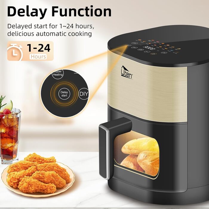 Електрична аерофритюрниця Uten Dual Blaze 2000 Вт, 5,5 л, 14 програм, без олії, із віконцем, золота, квадратна