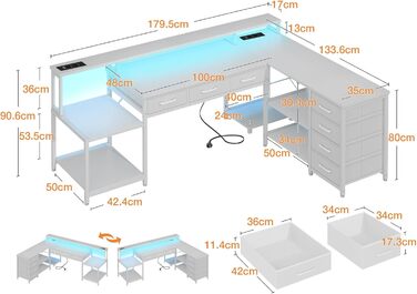 Ігровий кутовий стіл Coleshome з RGB підсвіткою, 7 ящиків, 179.5x135.5 см - білий