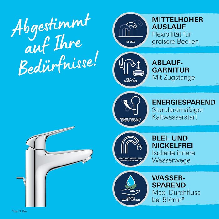 Змішувач для раковини Grohe Swift, хром, з витяжною системою, 18 см, з інструментом 3-в-1, для легкої установки, водо- та енергозберігаючий
