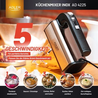 Ручний міксер ADLER AD 4225 INOX 800 Вт, 3 функції, кухонний міксер, чорний/сріблястий