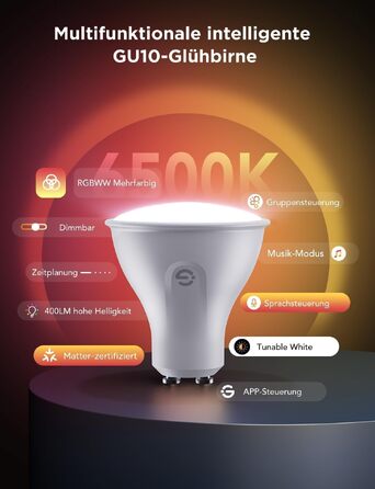 Розумна LED лампа Govee GU10 RGBWW, Matter, Alexa, Google Home, 400Лм, WLAN, регулювання яскравості, зміна кольорів, синхронізація з музикою, 4 шт