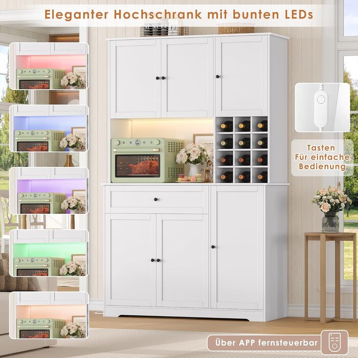 Кухонна шафа FirFurd 180 см з LED-підсвічуванням, буфет, sideboard з розеткою, стільниця, вітрина для 12 пляшок вина, білий колір, 180x100x39 см