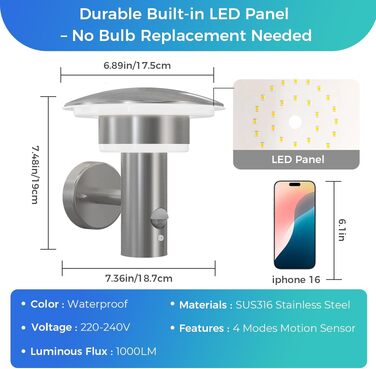 Світильник вуличний NBHANYUAN Lighting LED з датчиком руху та освітлення, нержавіюча сталь SUS316, IP54, тепле біле світло (3000K), 1000 лм, 9Вт, сріблястий