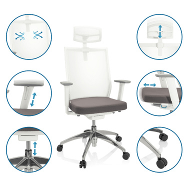 Офісне крісло / Крісло з поворотним механізмом ASPEN WHITE PRO з сітчастою спинкою (прозорий матеріал) / сіре сидіння hjh OFFICE