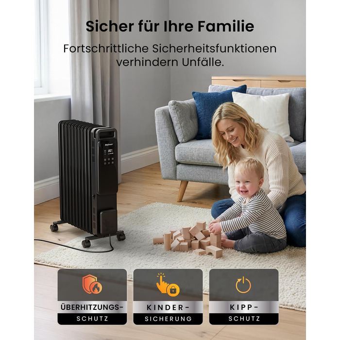 Розумний електричний масляний радіатор Pro Breeze 2500W, 11 секцій, з керуванням через Wi-Fi (Smart App), таймером на 24г, термостатом та сенсорним дисплеєм, чорний