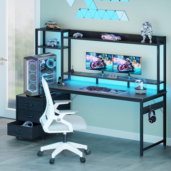 Ігровий стіл Coleshome з полицями та шухлядами, 161×48 см, з LED-підсвіткою, розеткою та підставкою для монітора, вуглецеве волокно (Carbon Fiber), чорний