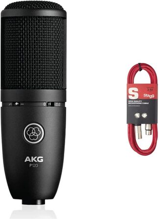 Студійний конденсаторний мікрофон AKG P120 чорний + кабель Stagg XLR-XLR 3 м червоний для запису